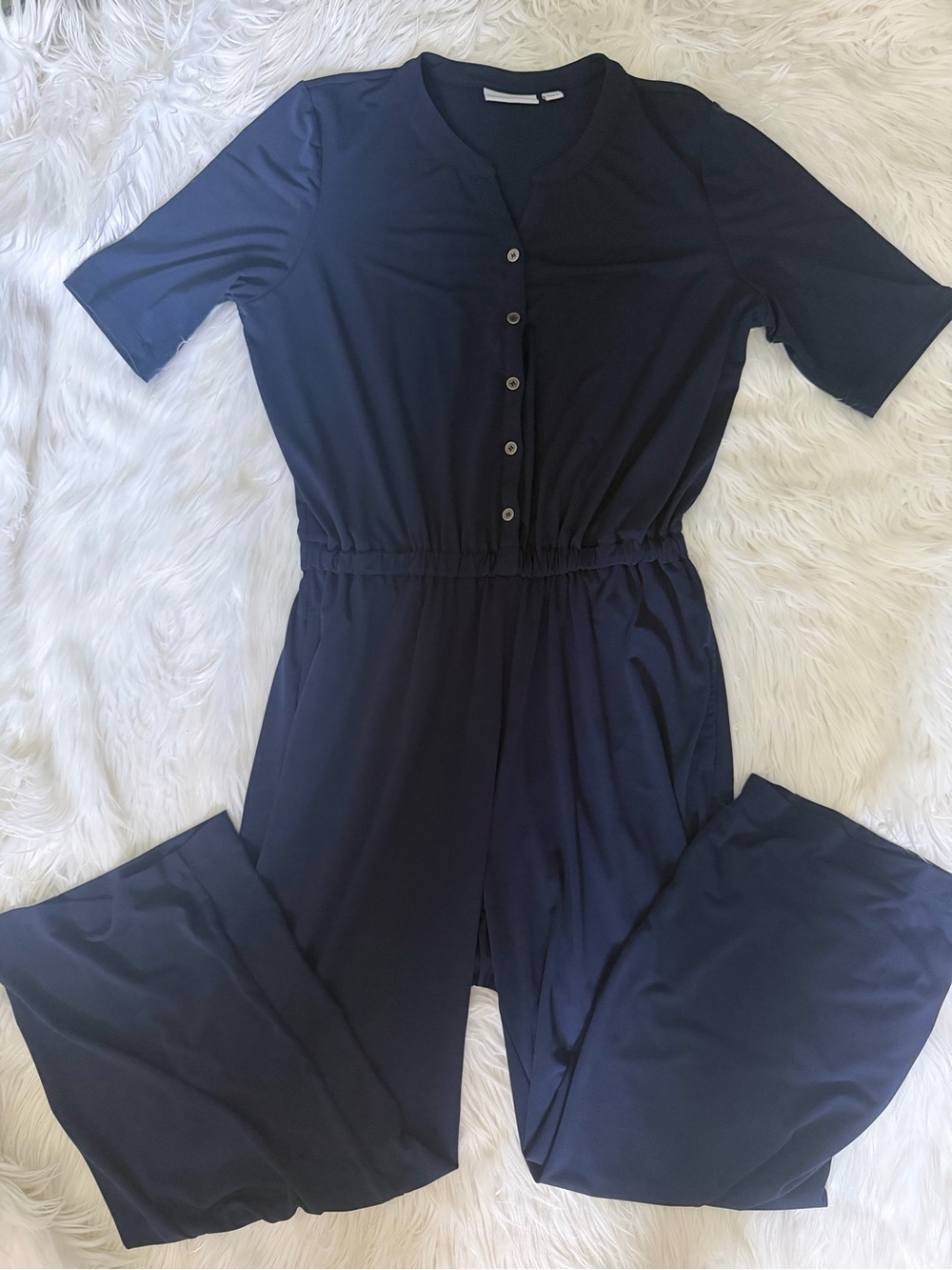 Susan Graver Liquid Knit Button-Front Jumpsuit Womens Size Medium Navy S/S